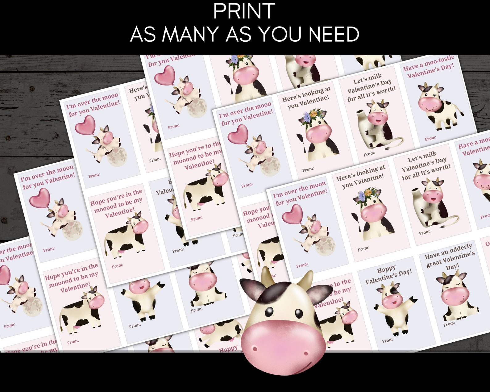 Funny Cute Cow Valentine Cards for Class Exchange Letter & A4 Format - Etsy