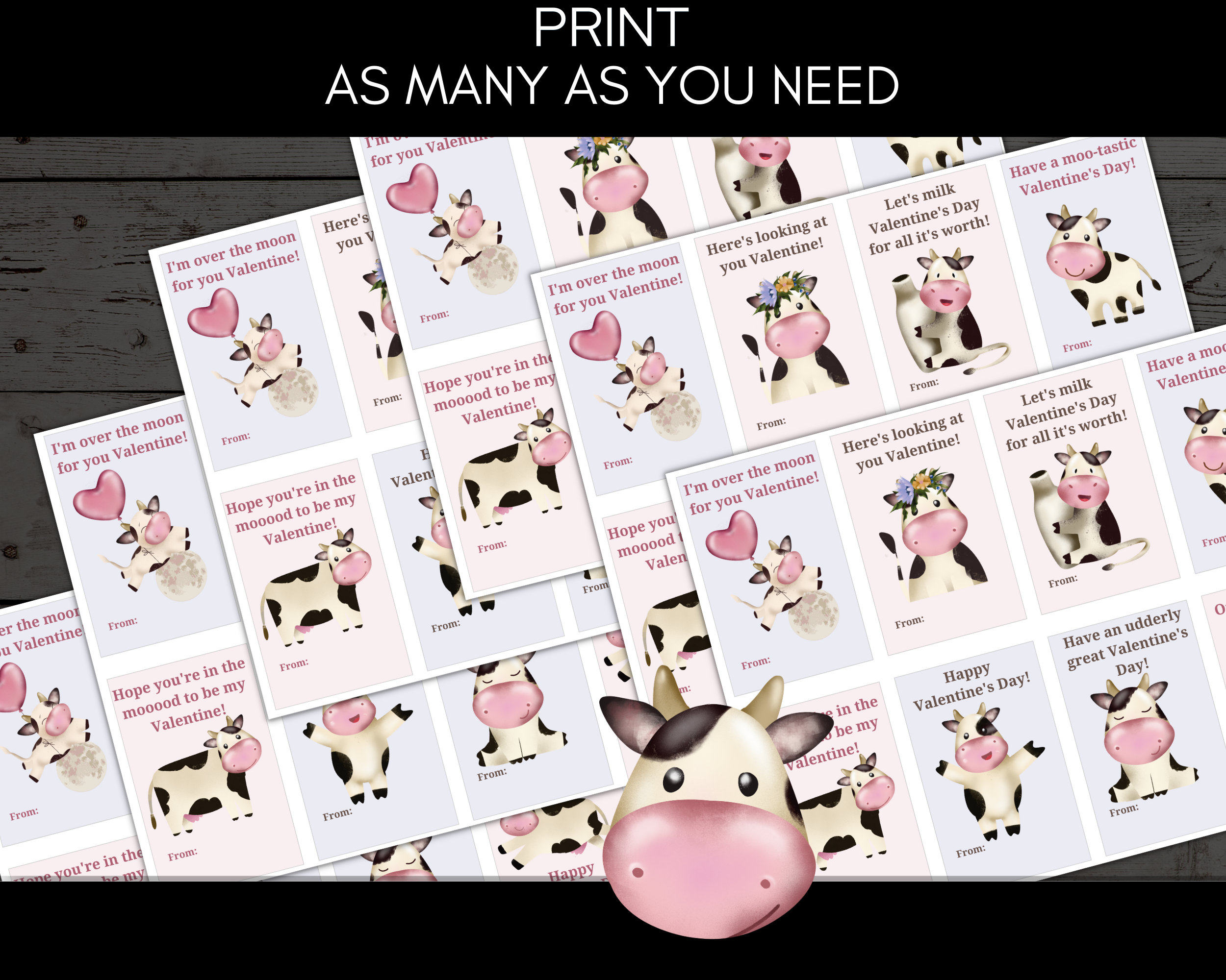 Funny Cute Cow Valentine Cards for Class Exchange Letter & A4 Format - Etsy