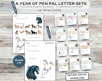 12 mois de lettres de correspondance sur le thème du cheval et papeterie cheval | Cadeau arrière grand-mère | Cadeau grand-mère | Fête des grands-parents | Téléchargement instantané
