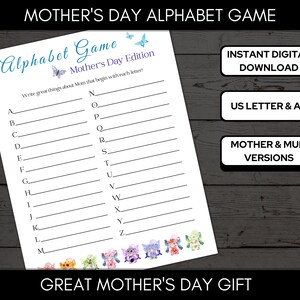 Mother&#39;s Alphabet Game, Mum A-Z Game, Mother&#39;s Day Gift A4 & Letter