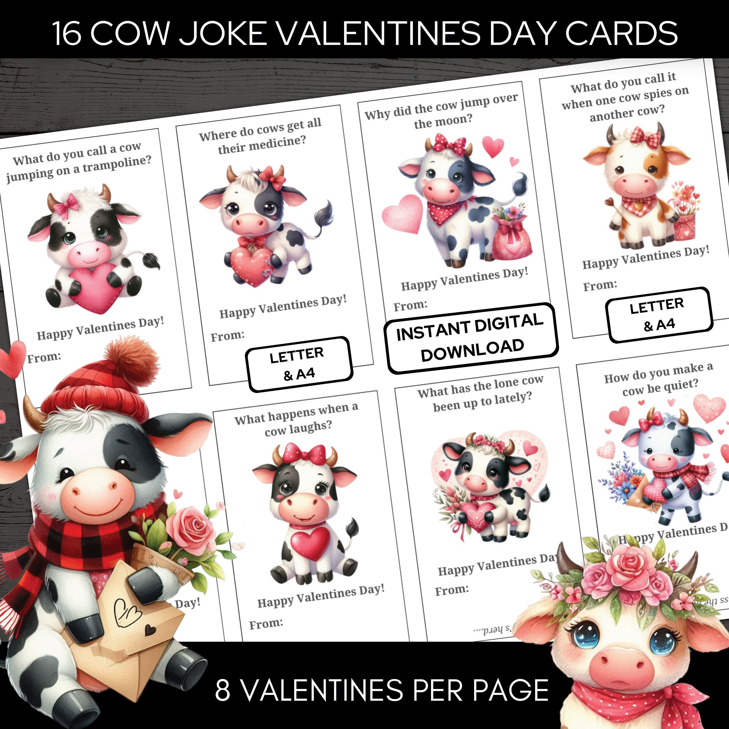 Funny Cow Joke Valentine Cards V2 for Class Exchange Letter & A4 Format ...