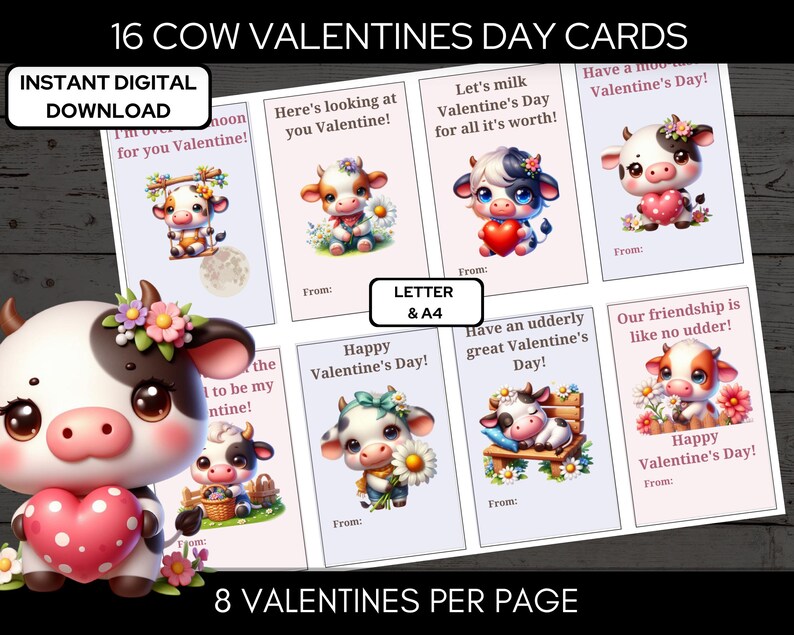 Funny Cute Cow Valentine Cards for Class Exchange Letter & A4 Format ...