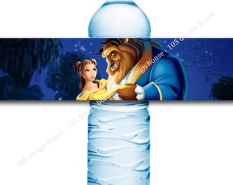 May include: Water bottle label featuring Belle and the Beast from Disney's Beauty and the Beast. The label is blue with a night sky background and features a gold and yellow floral design. The text on the label reads "105 design house - 105 design house - 105 design house".
