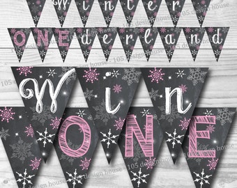 Winter ONEderland Banner INSTANT DOWNLOAD- Printable pink Winter Wonderland Banner - Winter Wonderland Party - Winter ONEderland Party