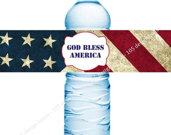 God Bless America Water Bottle Label Printable- Patriotic Water Bottle Label - Military - Army - Navy- Marines - Air Force - 4th of July
