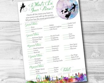 INSTANT DOWNLOAD Peter Pan Baby Shower Game Printable - Peter Pan Whats in Your Purse - Peter Pan Baby Shower Printable- Whats in Your Purse