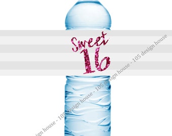 Sweet Sixteen Water Bottle Label Printable INSTANT DOWNLOAD - Sweet 16 Party - Sweet 16 Printable - Sixteen Label