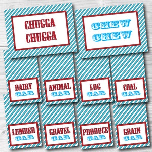 May include: Ten red and white striped cards with red borders and blue text. The cards have the words "Chugga Chugga", "Chew Chew", "Dairy Car", "Animal Car", "Log Car", "Coal Car", "Lumber Car", "Gravel Car", "Produce Car", and "Grain Car".