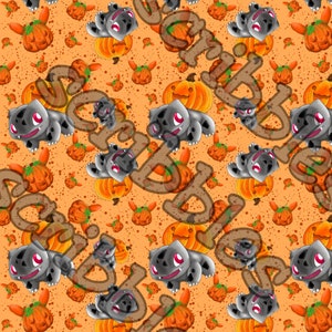 Puede incluir: Un patrón sin costuras que presenta un personaje de Pokemon de dibujos animados gris y rojo sobre un fondo naranja claro con calabazas naranjas dispersas.