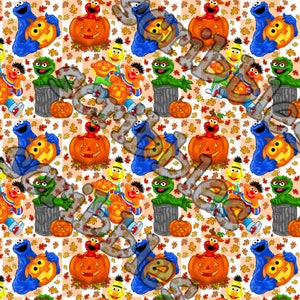 May include: A colorful pattern featuring Sesame Street characters like Big Bird, Elmo, and Cookie Monster dressed in Halloween costumes. The characters are holding jack-o'-lanterns and surrounded by autumn leaves on a checkered background.