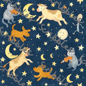 Seamless pattern digital file nursery rhyme hey diddle diddle the cat and the fiddle, fabric, children clothes, crafts, tumblers