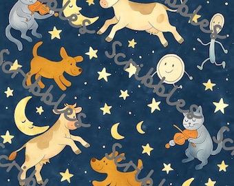 Patrón sin costuras, archivo digital, canción infantil, "Hey Diddle Diddle, el gato y el violín", tela, ropa infantil, manualidades, vasos