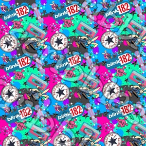 May include: A colorful, repeating pattern featuring the band name "blink-182" in red and white text, a black and white skull and crossbones, a black and white Converse shoe with a star and the text "blink-182" and a cartoon bunny rabbit wearing a backpack. The background is a mix of pink, blue, green, and black splatters.