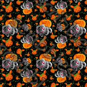 Puede incluir: Un fondo negro con un patrón repetido de un personaje Pokémon gris sosteniendo una calabaza de jack-o-lantern. Hay calabazas verdes y naranjas dispersas por todo el patrón.