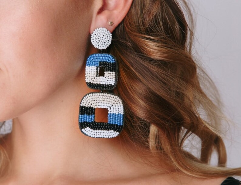 BLUE on earrings Double square clip Oscar de la Renta style.