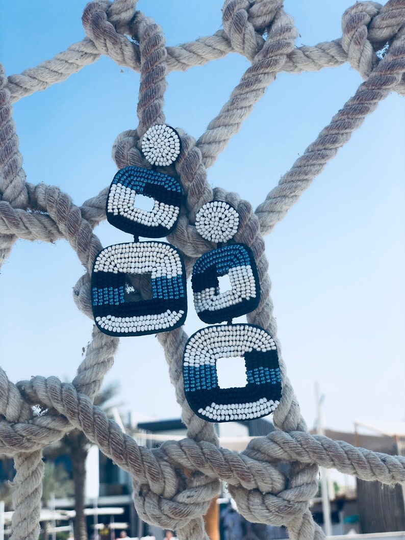 BLUE on earrings Double square clip Oscar de la Renta style.