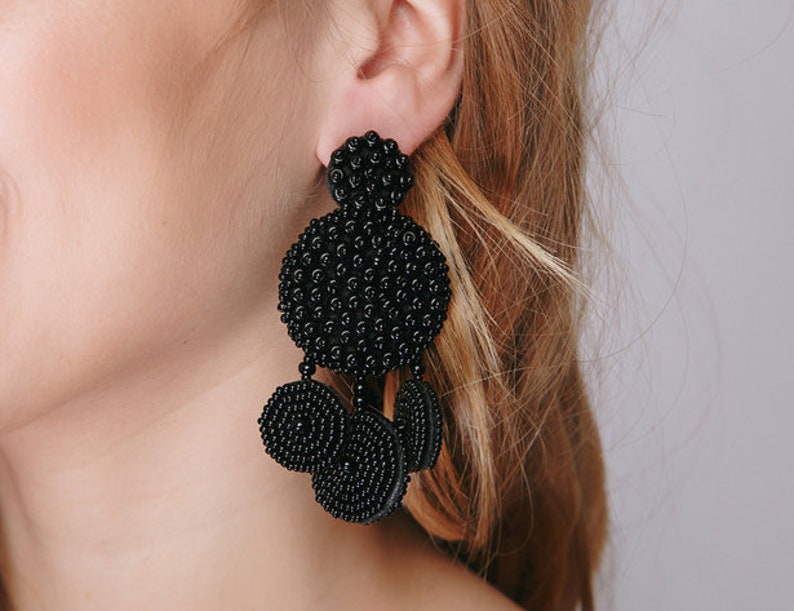 Flamenca beaded clipon earrings BLACK. Etsy