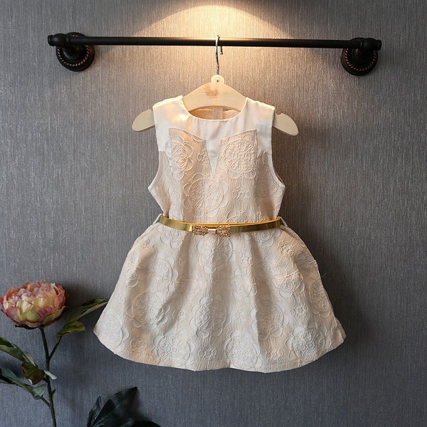 NEW Ivory Cotton & Satin embroidered Girl Dress with Gold Belt Spring Summer Size 3T