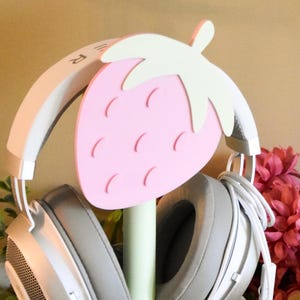 Pink Strawberry Headphone Stand- pastel cozy gaming desk accessories gift for gamer headphone stand cottagecore strawberry desk decor
