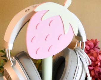 Pink Strawberry Headphone Stand- pastel cozy gaming desk accessories gift for gamer headphone stand cottagecore strawberry desk decor