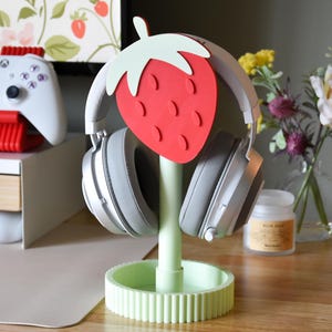 Red Strawberry Headphone Stand- pastel cozy gaming desk setup accessories girly headphone stand strawberry cottagecore decor gift for gamer