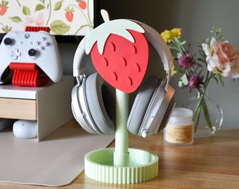 Red Strawberry Headphone Stand- pastel cozy gaming desk setup accessories girly headphone stand strawberry cottagecore decor gift for gamer