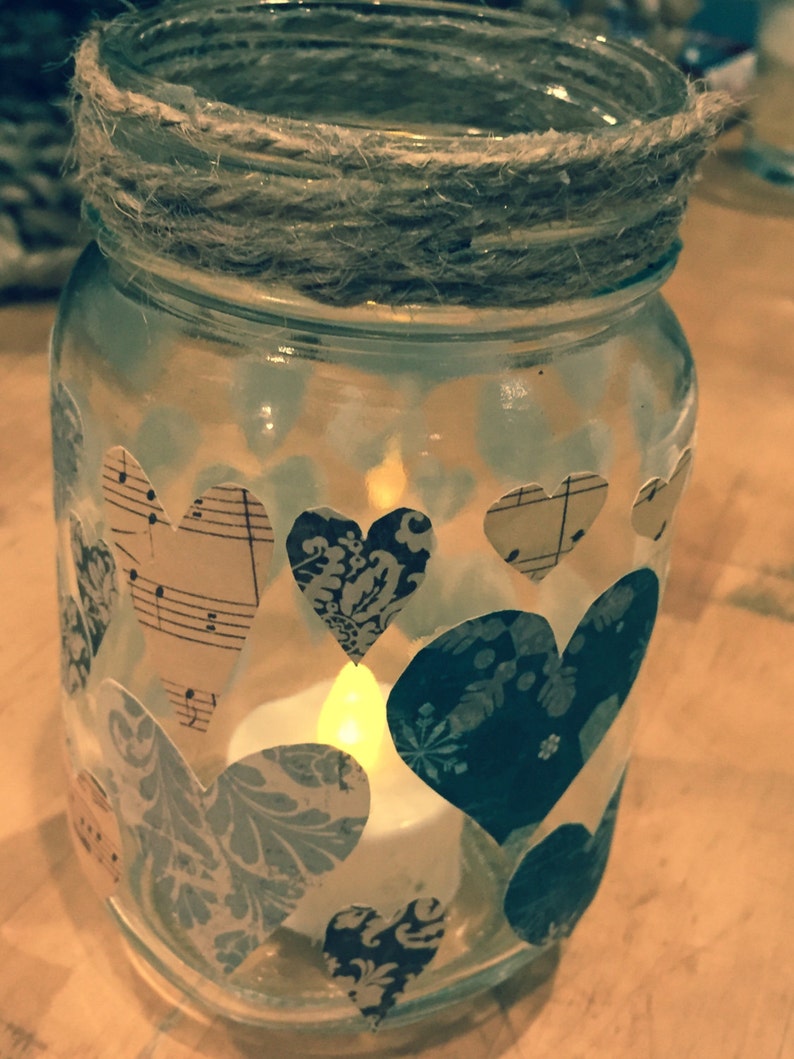 Heart candle jar decorated mason jar Valentine candle jar Etsy