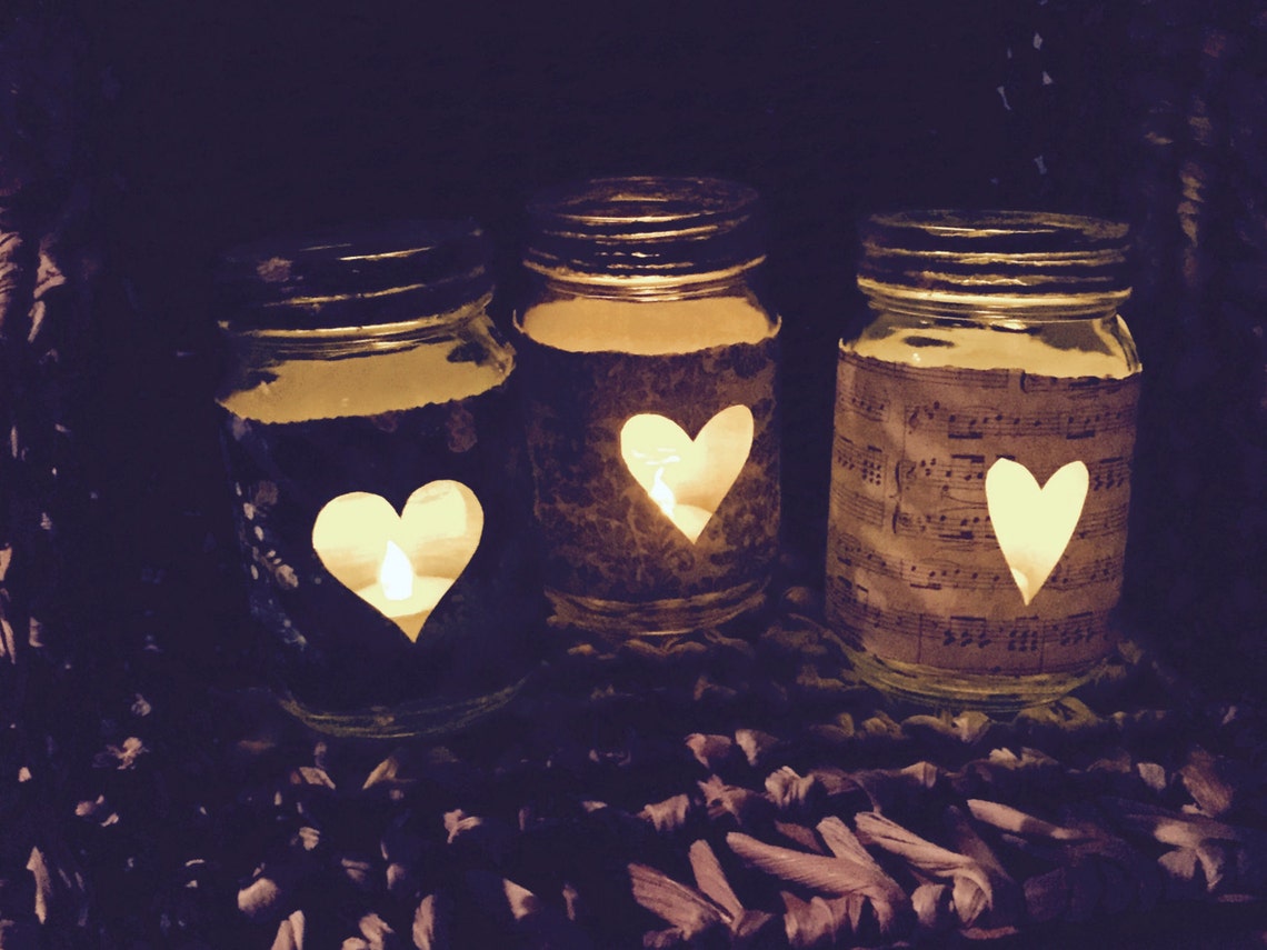 Heart candle jar decorated mason jar Valentine candle jar Etsy