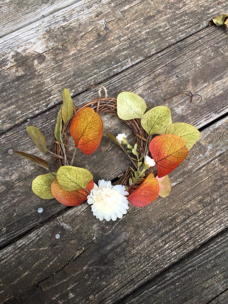 Mini Wreath With Autumn Leaves And A Chrysanthemum Fall Thanksgiving Fall Wedding Chair Decoration Wall Decor Small Rustic Wreath