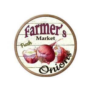 Bauernmarkt frische Zwiebeln Neuheit kreisförmigen Blechschild 12&quot; Farm Haus Dekor, Vintage Zeichen, Werbeschild, Metall-Schild, Bauern Zeichen