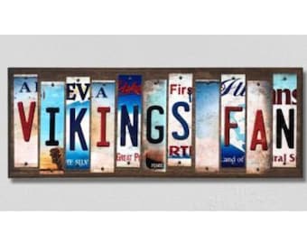 Minnesota Vikings Fan Handmade Wood Sign with Metal License Plate Strips  Personalized Football Fan , Custom Team Name Sign,