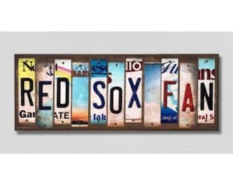 Boston Red Sox Handmade Personalized Baseball Sign, Custom Team Name Sign, with Metal License Plate Strip Art Wood Sign