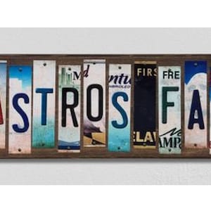 Houston Astros Wall Art,Handmade Wood Sign w/Metal License Plate Strips,Personalized Baseball Fan Gift,Baseball Wall Decor,Baseball Sign
