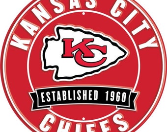 NFL Football Team Kansas City Chiefs Embossed 12 Inch Round Metal Sign, Fan Decor,