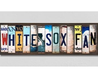 Väggkonst för Chicago White Sox, handgjord träskylt med metallskyltsremsor, personlig basebollfangåva, basebollväggdekor, basebollskylt