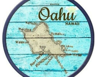 Indoor/Outdoor Beautiful Oahu Hawaii Map Metal Round Circular Sign 12"