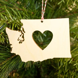 Washington State with Heart Ornament - Wood Ornament - Christmas Ornament