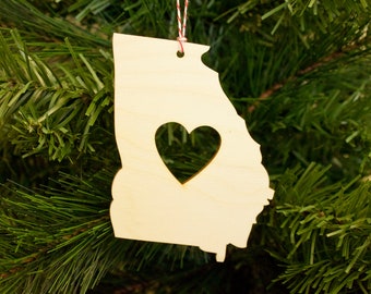 Georgia State with Heart Ornament - Wood Ornament - Christmas Ornament