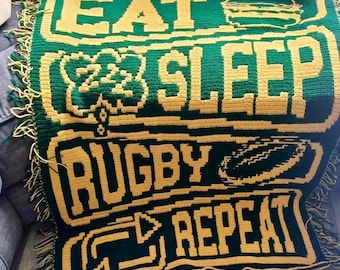 Eat Sleep Rugby 繰り返し編みかぎ針編みブランケットパターン | モザイクスロー (PDF)
