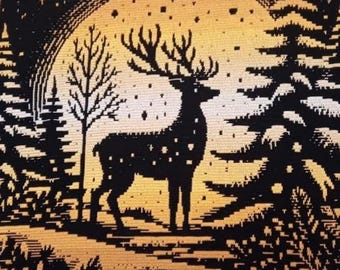 月明かりの冬のワンダーランドブランケット | 鹿と森のモザイクかぎ針編みパターン | PDF