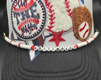 Ladies Tis the Season Baseball trucker hat red white and blue All American colors