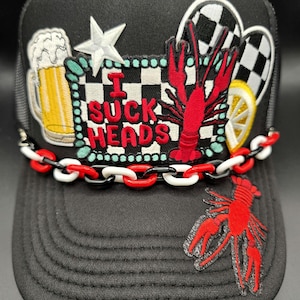 Ladies Crawfish boil trucker hat, I Suck Heads, crayfish