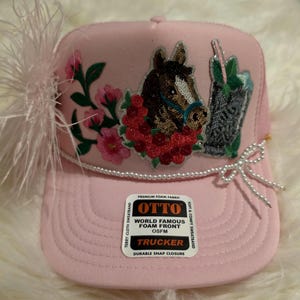 Kentucky Derby trucker hat pink with ostrich feather pouf and pearl hat chain