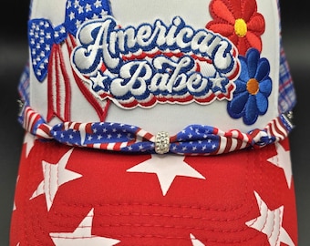 Ladies American Babe 4th of July hat, red white blue trucker hat All American colors