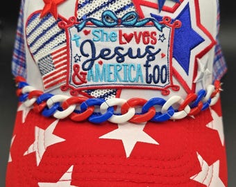 She Loves Jesus and America Too 4th of July hat, red or blue with white stars and plaid mesh trucker hat All American colors