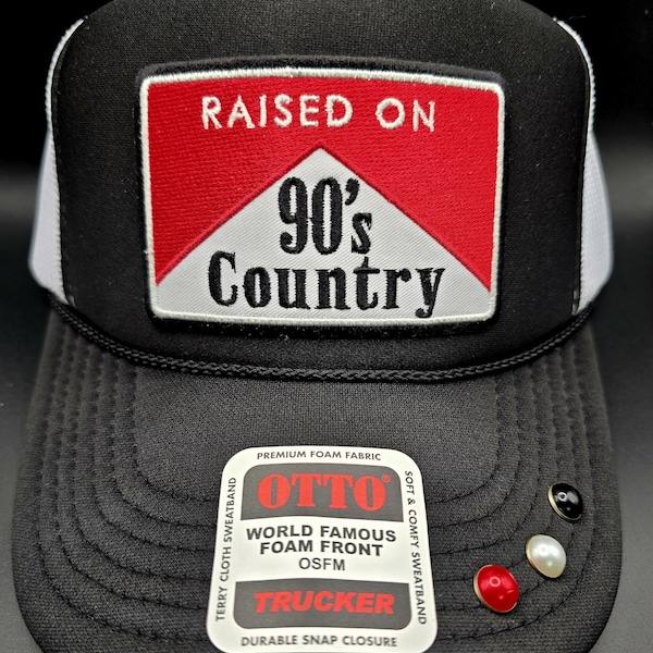 Raised on 90's Country black and white trucker hat