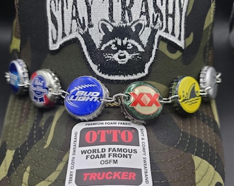 Stay Trashy trucker hat racoon with beer bottlecap chain on full or half camo