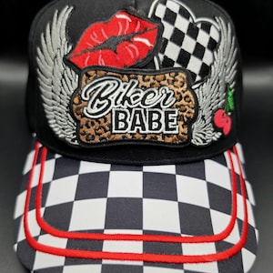 Biker Babe, checkered ladies baseball cap, bike week, sturgis, Wings, lips