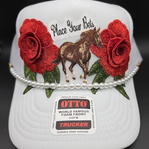 Kentucky Derby trucker hat, white with roses and pearls, Place Your Bets