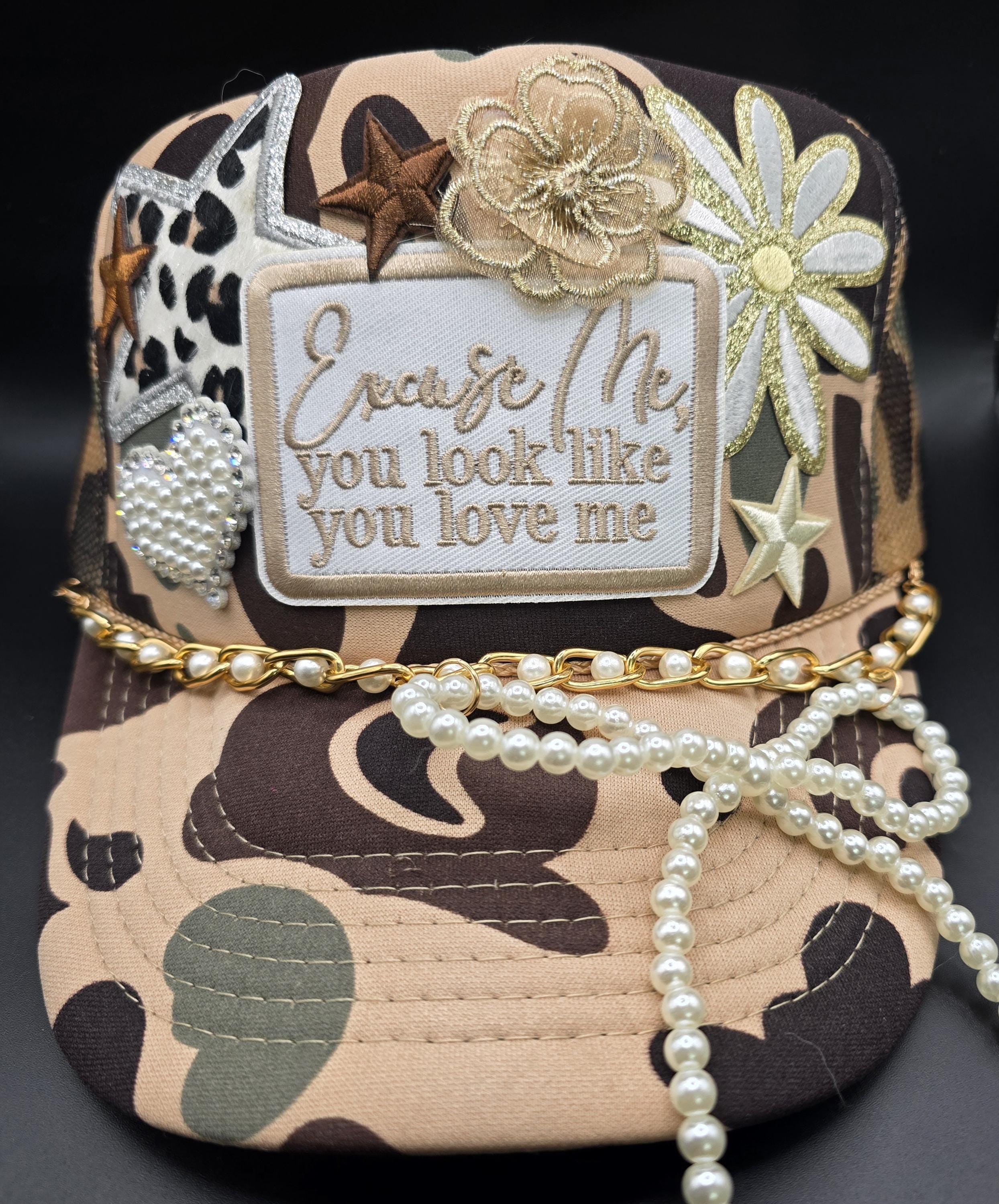 Ladies Excuse Me You Look Like You Love Me trucker hat on tan camo